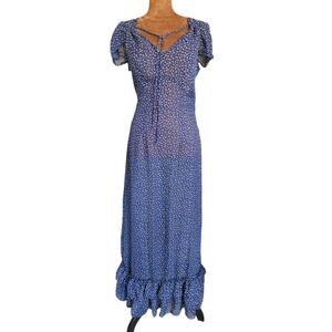 Olsenboye Floral Maxi Dress Size S Blue Sheer Ruffle Button Unlined Cottagecore